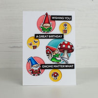 GNOME MATTER WHAT - HEFFY DOODLE STAMP SET with MATCHING DIES !  IMPORTED & NEW !