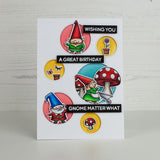 GNOME MATTER WHAT - HEFFY DOODLE STAMP SET with MATCHING DIES !  IMPORTED & NEW !