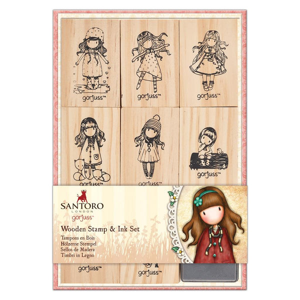 GORJUSS GIRLs  Wood Mounted Stamp Set In a Box with Stamp Ink Pad for Journals and Stationery - 9 Pcs. 2" Stamps