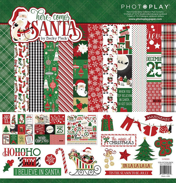 HERE COMEs SANTA !! 2018  CHRISTMAS Collection & EPHEMeRA Package -  12x12 Cardstock + 1 Sheet of Stickers