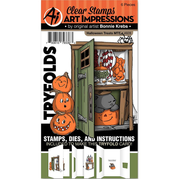 HALLOWEEN TREATs CABINET - STAMPs and DIEs -  TRYFOLD CaRD STAMPs  by Art Impressions -4 Pc set  -   Fun to make cards !