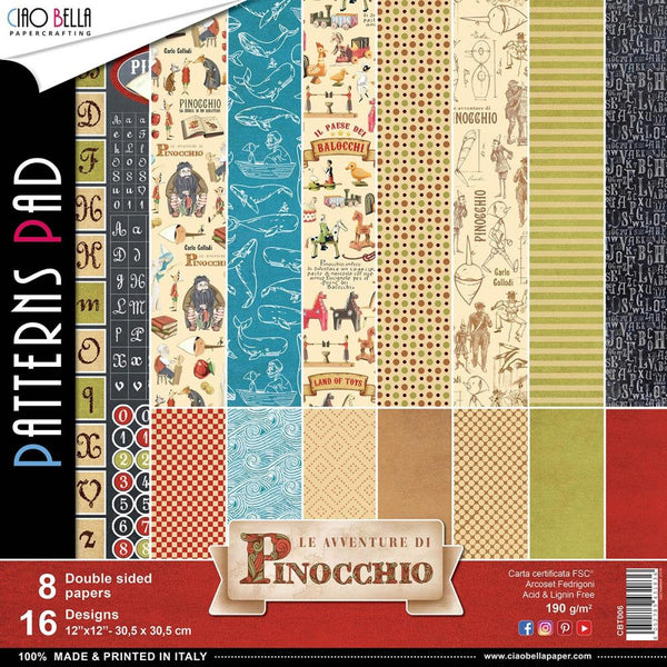 PINOCCHIO PATTERNs &  BACKGROUNDs  by CIAO BELLA  12x12 Sheets - 8 Sheets Double-Sided Cardstock Set - New !!