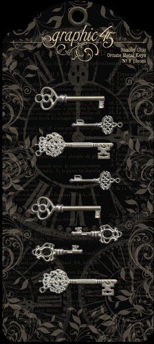 GRAPHIC 45 SHABBY CHIC SILVER KEYs -by Graphic 45 - Set of 6 Silver Plate Skeleton Keys - Discontinued STAPLEs